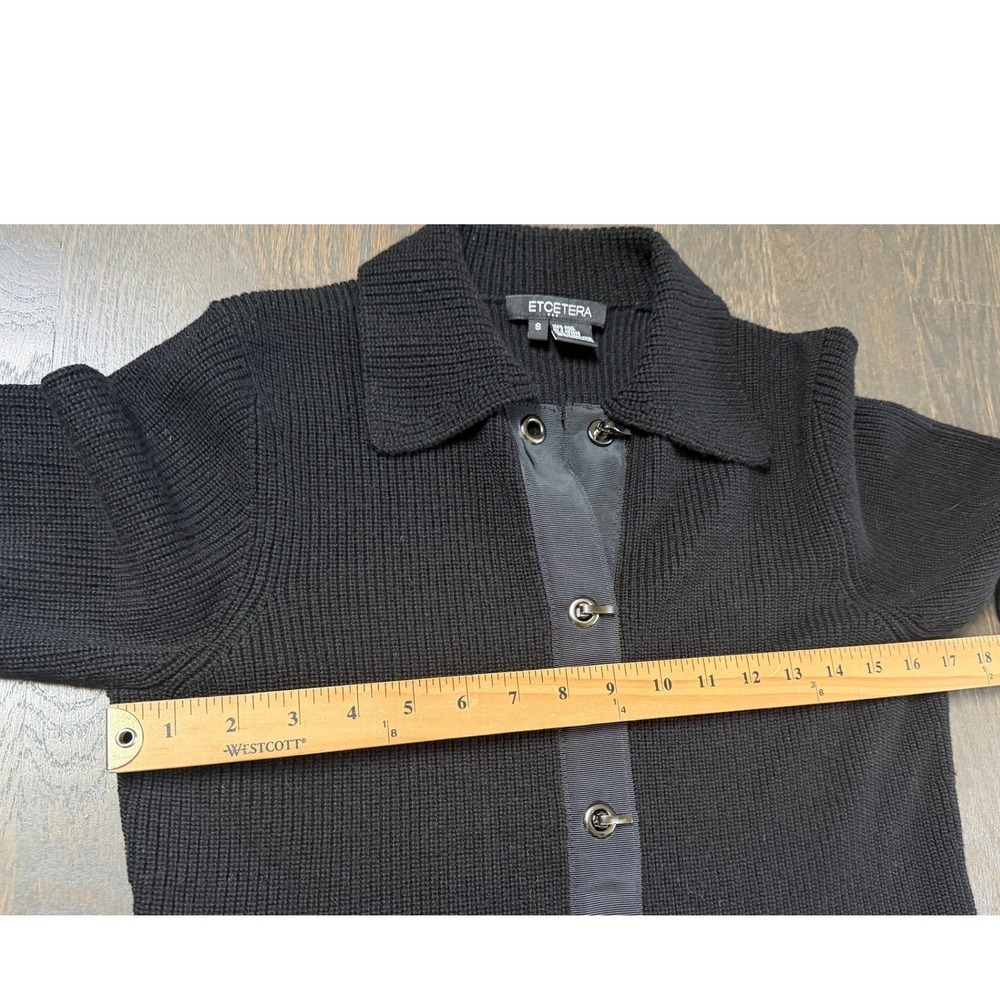 Etcetera Cardigan Black 100% Wool Ribbed Belted Toggle Collared Sweater S - Picture 8 of 9